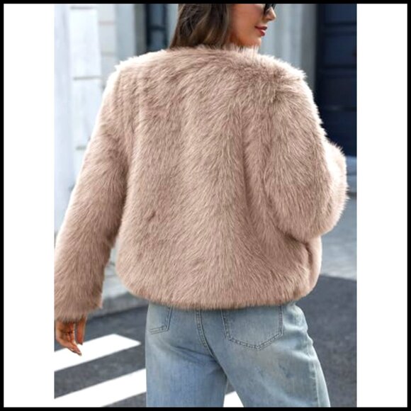 Fluffy Faux Fur Cropped Coat Soft Warm Winter Jacket with Hidden Hooks Pockets - Picture 3 of 7
